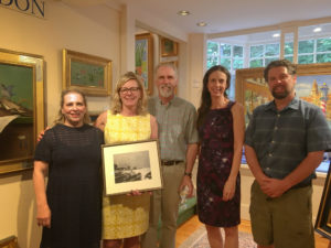 Sandi Blanda, gallery owner Christina Cook (holding a photograph of Duane Alt who was not able to make the reception) John C. Traynor, Marjorie Mason and Russell Gordon