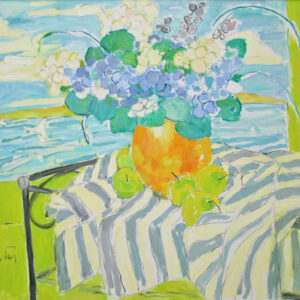 Hydrangeas in Vase and Green Apples