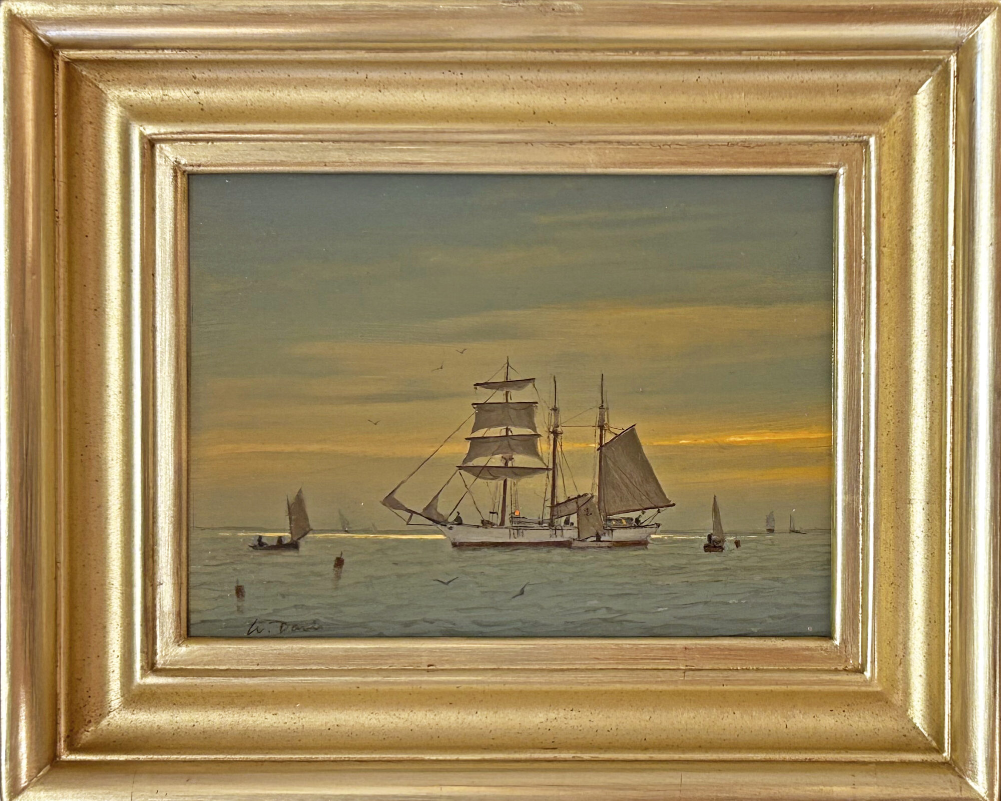 Becalmed Topsail Schooner and Fishermen